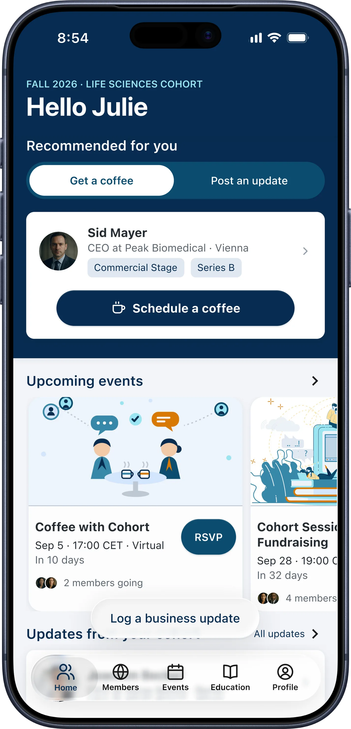 CEO XB home screen greeting Julie with a recommended peer, a Schedule a coffee button, and upcoming cohort events